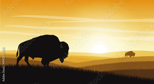 Serene Sunset Over Rolling Hills with Bison Silhouette in the American West Landscape