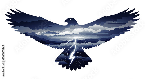 Dynamic illustration of a majestic eagle soaring with wings spread, encapsulating a dramatic stormy sky and powerful lightning strike within its form, symbolizing nature's raw power and untamed spirit