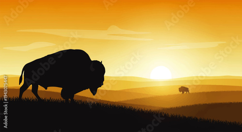 Majestic Silhouette of a Bison Grazing in a Golden Prairie Sunset