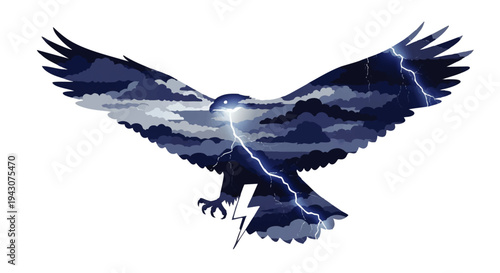 Powerful eagle illustration soaring through a dramatic stormy sky, with a striking lightning bolt symbolizing strength, freedom, and the fierce energy of nature's tempest