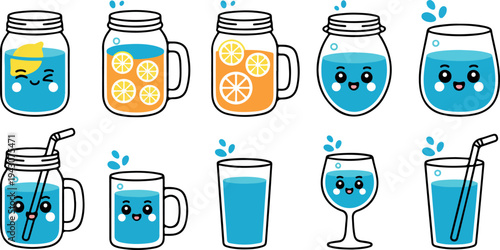 Cute kids water and citrus drink bottles and glasses collection for hydration summer refreshment cartoon flat vector illustration set