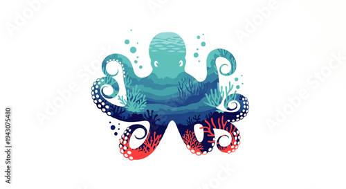 Stylized Octopus Illustration Featuring a Coastal Underwater Scene with Marine Life and Coral Accents