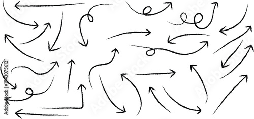 A collection of hand drawn arrows and swirling lines on a white background