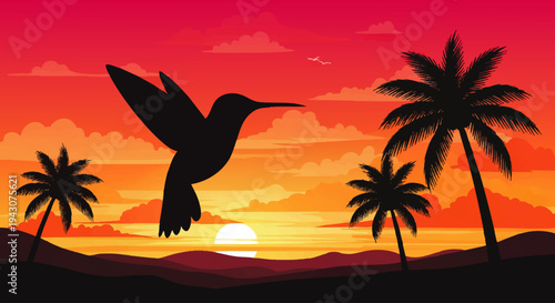 Vibrant tropical sunset illustration with a graceful hummingbird silhouette soaring amidst palm trees, capturing the essence of a serene beach paradise at dusk