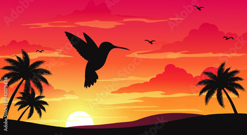 Vibrant tropical sunset with a graceful hummingbird silhouette soaring between palm trees, creating a stunning and serene natural landscape illustration