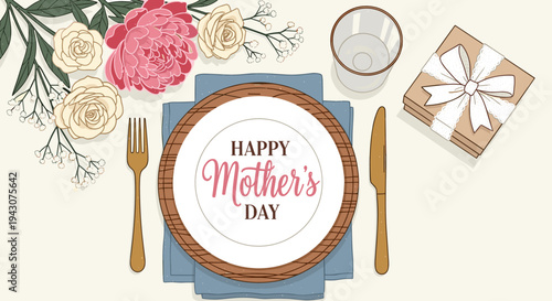 A beautifully arranged Mother's Day table setting featuring flowers, a gift box, and a decorative plate in a modern style