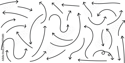 A complex pattern of curved arrows on a white background