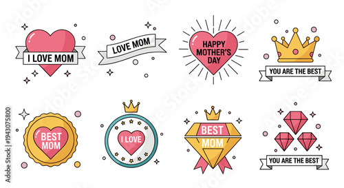 A colorful collection of Mother's Day themed icons featuring hearts, crowns, and celebratory messages in a modern flat style