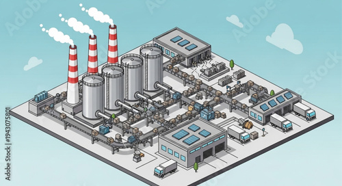 Isometric Industrial Factory Complex Illustration.