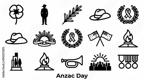 Anzac Day Icons: Poppy, Soldier, Laurel, Flag, Medals