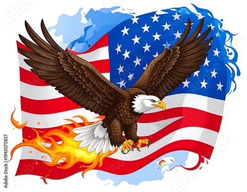 Majestic eagle soars; wings spread across waving US flag with flames rising below