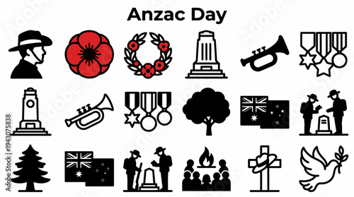 Anzac Day Icons: Remembrance, Military, Australia, Peace Symbols