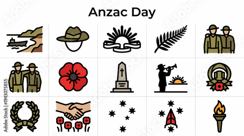 Anzac Day Icons: Remembrance, Wreath, Poppy, Soldiers, Sunrise