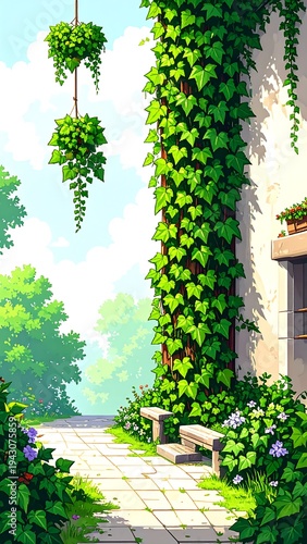Ivy climbs a sunlit wall near a brick path, verdant foliage hanging overhead