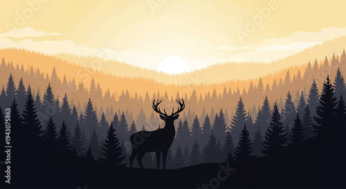 Majestic stag silhouette in tranquil forest at golden sunrise. Layered pine trees and rolling mountains frame a serene wilderness illustration, capturing nature's untouched beauty and peace