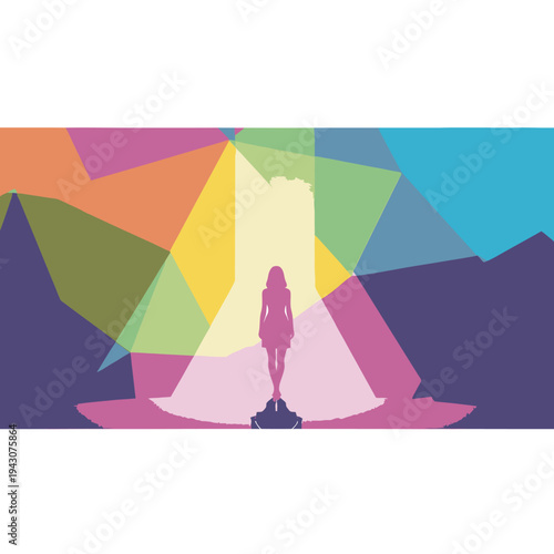 Silhouette of a woman standing in a spotlight against a vibrant, abstract geometric background with colorful light rays.