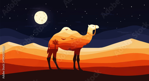 Silhouette of a camel against a night sky with a full moon, showcasing a desert landscape within its body