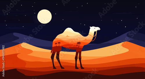 Stunning double exposure illustration depicting a majestic camel on a nocturnal desert journey, revealing a vibrant oasis and sunset scene within its silhouette
