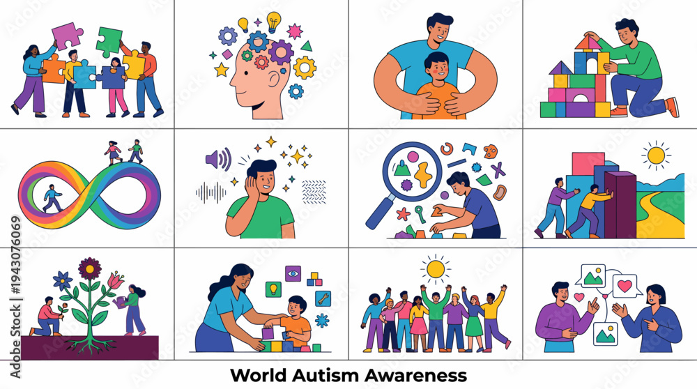 Fototapeta premium Autism Awareness: Puzzle, Brain, Connection, Support, Diversity