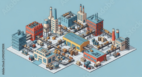 Isometric Industrial Factory Complex Scene.