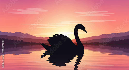 Silhouette of a Black Swan Floating on Water During a Beautiful Sunset with Mountains in the Background