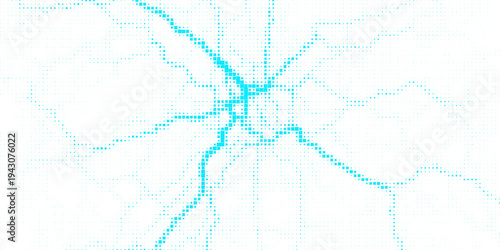 Abstract blue halftone background made of small square pixels forming a circular gradient burst on a white background.