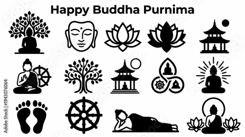 Buddha Purnima Icons: Enlightenment, Buddhism, Spirituality, Meditation, Zen