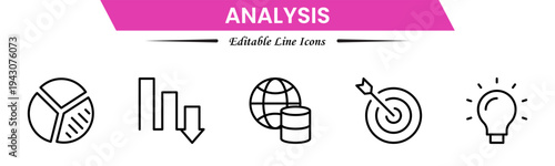 Analysis icons depicting data evaluation, charts, graphs, statistics, insights, trends, reports, metrics, research, assessment, monitoring, performance, strategy, decision-making, and review.

