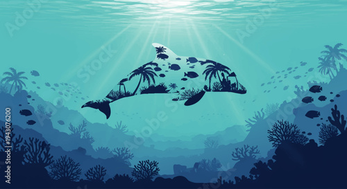 Enchanting underwater scene where a majestic dolphin's silhouette cradles a vibrant tropical island paradise, illuminated by sunbeams in a serene oceanic dreamscape