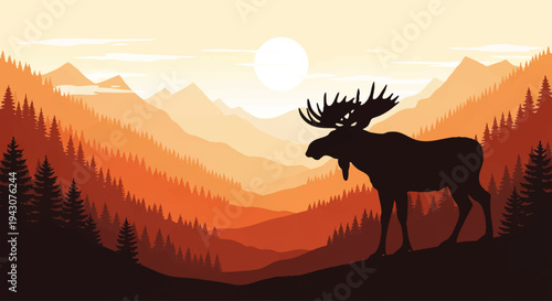 A majestic moose stands silhouetted against a breathtaking wilderness landscape during a warm sunset, with layered mountains and pine trees creating a serene natural scene