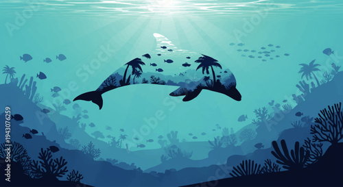 Discover the serene beauty of a tropical island paradise reflected within the silhouette of a graceful dolphin swimming through crystal clear ocean waters, surrounded by vibrant coral reefs