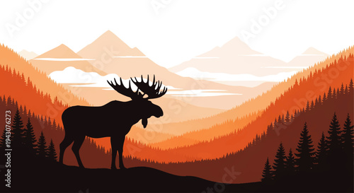 Majestic Moose Silhouette in a Serene Sunset Mountain Landscape. Vibrant vector art capturing wilderness, wildlife, layered hills, and pine trees at dusk