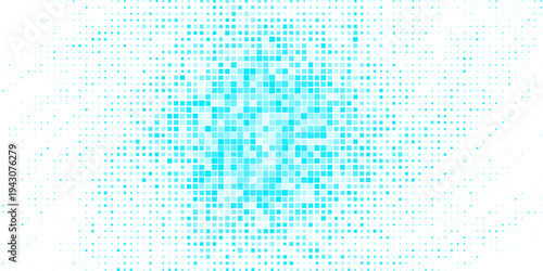 Abstract blue halftone background made of small square pixels forming a circular gradient burst on a white background.