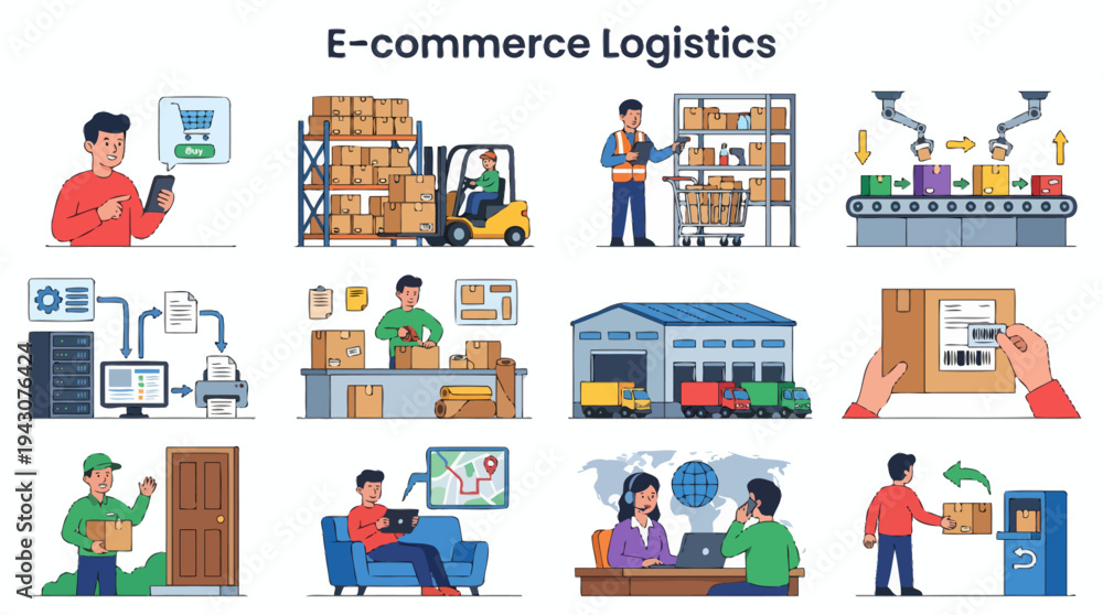 Obraz premium E-commerce Logistics: Shipping, Delivery, Warehouse, Supply Chain