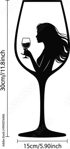 Black and white silhouette of an elegant woman holding a glass of wine inside a large wine glass, creative illustration