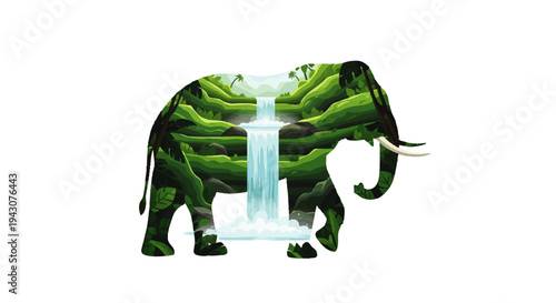 Majestic elephant silhouette filled with a vibrant, lush jungle landscape featuring a cascading waterfall, symbolizing nature's grandeur and the wild