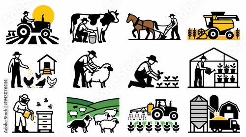 Farm Life Icons: Agriculture, Animals, and Harvest