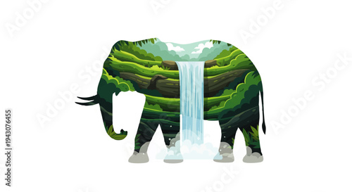 Vibrant elephant silhouette filled with lush jungle scenery and a cascading waterfall, symbolizing nature's beauty and wildlife conservation efforts