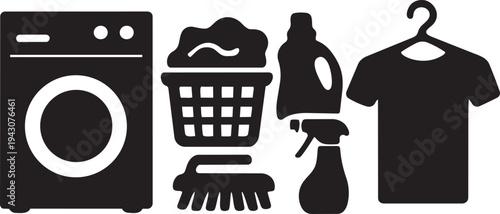 Laundry Icon Set: Washing Machine, Basket, Detergent, Spray, Hanger with T-Shirt