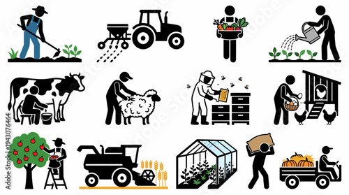 Farm Life Icons: Agriculture, Animals, Harvest, Greenhouse