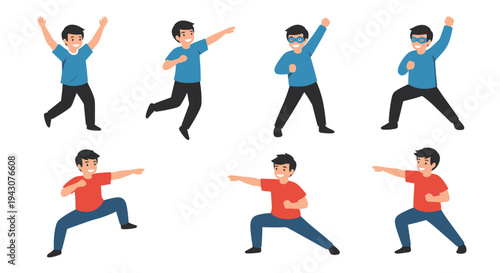 Active young boy shown in multiple dynamic poses including dancing, playing superhero, and practicing martial arts for character design.