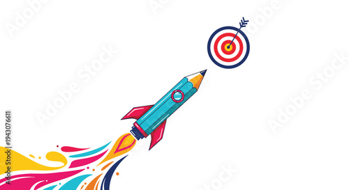 Creative concept of a pencil rocket flying through colorful smoke towards a target as a symbol of creative goals and achievement.