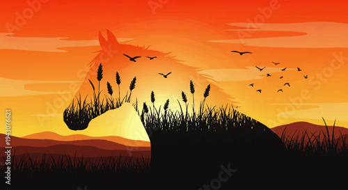 Majestic horse head silhouette filled with rustic reeds, featuring a flock of birds soaring across a breathtaking golden sunset, celebrating wild nature
