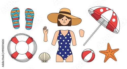 Collection of summer beach vacation essentials featuring a woman in a swimsuit, umbrella, lifebuoy, and various seaside accessories.