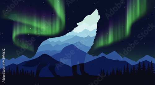 Vibrant illustration of a majestic wolf howling, its silhouette formed by layered mountain peaks, under a breathtaking aurora borealis night sky with serene forest outlines, celebrating wilderness