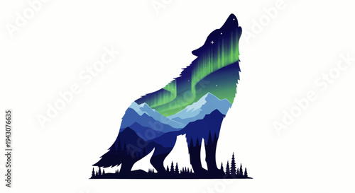 Majestic silhouette of a howling wolf embodying the ethereal glow of the Northern Lights and serene mountain landscape, symbolizing freedom and the call of the wild