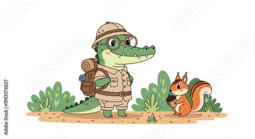 Adventurous crocodile character dressed as an explorer meeting a cute squirrel holding an acorn in a lush forest landscape.