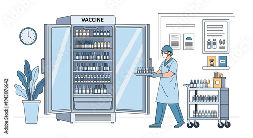 Professional lab technician or scientist wearing protective gear while organizing vaccine vials in a large medical refrigerator.