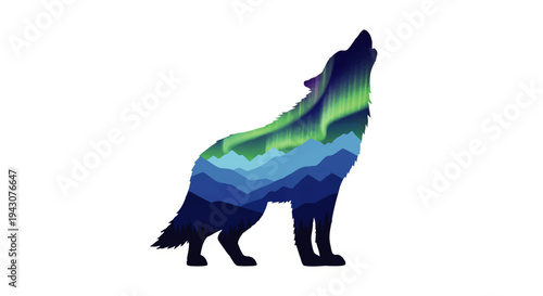 Stylized howling wolf silhouette revealing an enchanting scene of majestic mountains and the vibrant Northern Lights, a powerful symbol of wild natural beauty