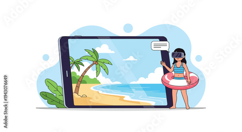 Young woman wearing a virtual reality headset and lifebuoy to experience a simulated beach vacation on a large tablet screen.